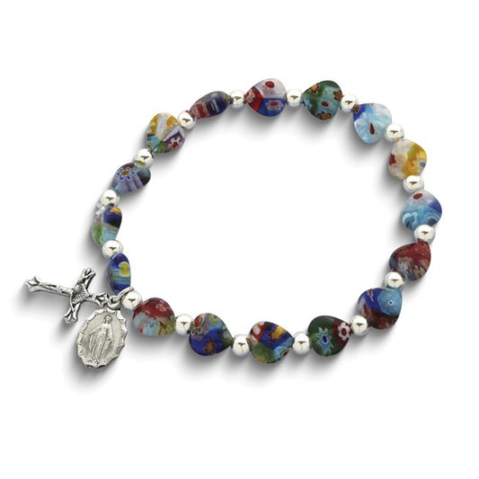 Multicolored Glass Heart  Medal and Crucifix Bracelet
