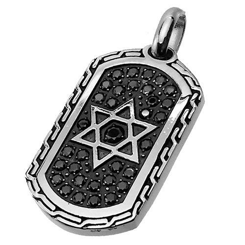Dog Tag in Steel with Star of David and Black CZ's