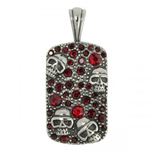 Stainless Steel Red Cz Encrusted Dog Tag with Skulls