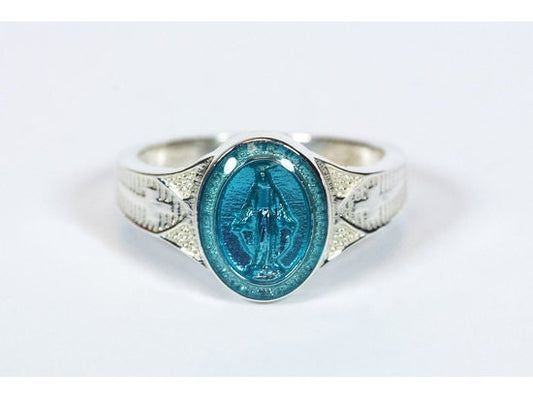 Sterling Silver Religous Ring w/Blue Epoxy