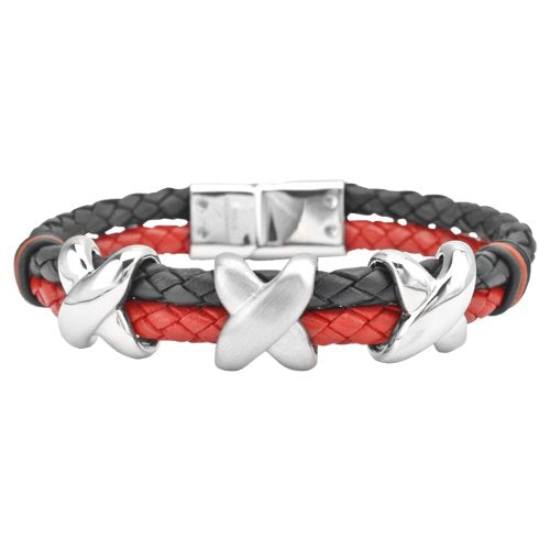 Double Round Black & Red Braided  Leather Bracelet
