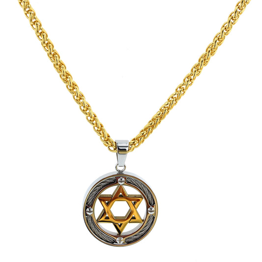Jewish Star, Steel Gold IP Star of David with Cable Inlayed in Circle Pendant