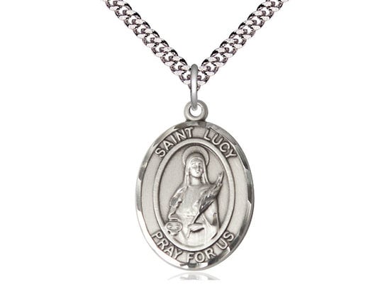 St Lucy Sterling Sterling Silver Pendant  on a 24 inch Light Rhodium Heavy Curb Chain.