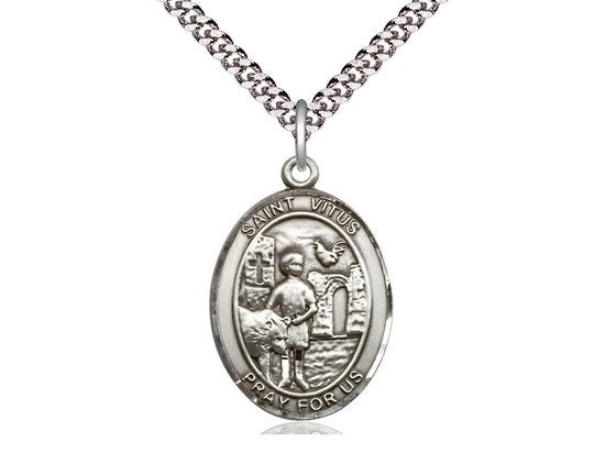 St Vitus Sterling Silver Pendant on a 24 inch Light Rhodium Heavy Curb Chain.
