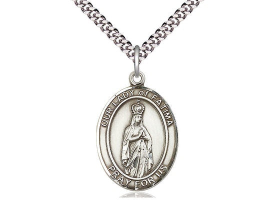 Our Lady of Fatima Sterling Silver Pendant on a 24 inch Light Rhodium Heavy Curb Chain.