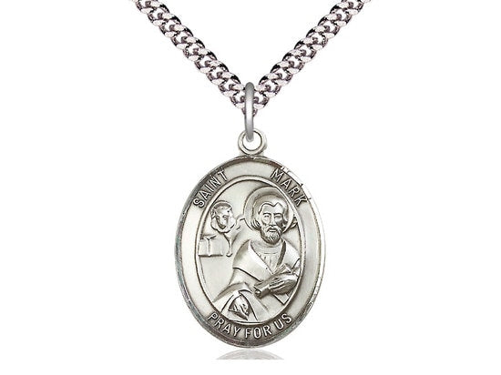 St Mark the Evangelist Sterling Silver Pendant on a 24 inch Light Rhodium Heavy Curb Chain.