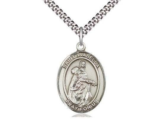 St Isabella of Portugal Sterling Silver Pendant on a 24 inch Light Rhodium Heavy Curb Chain.