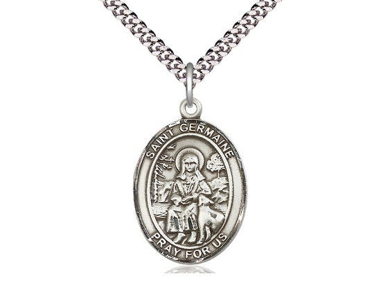 St Germaine Cousin Sterling Silver Pendant on a 24 inch Light Rhodium Heavy Curb Chain.