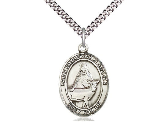 St Catherine of Sweden Sterling Silver Pendant on a 24 inch Light Rhodium Heavy Curb Chain.