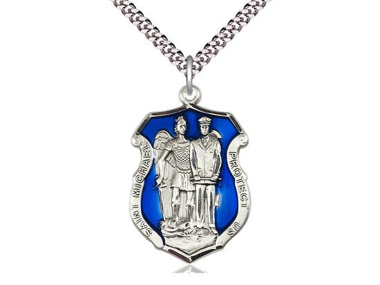 St. Michael the Archangel Police Shield Sterling Silver Pendant on a 24 inch Light Rhodium Heavy Curb Chain.