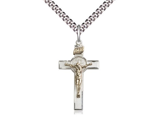 2-Tone Gold Filled / Sterling Silver St. Benedict Crucifix Pendant on a 24 inch Light Rhodium Heavy Curb Chain.