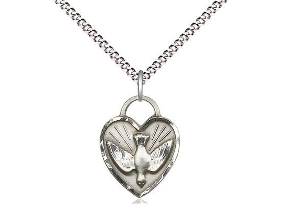 Sterling Silver Confirmation Heart Pendant on a 18 inch Light Rhodium Light Curb Chain.