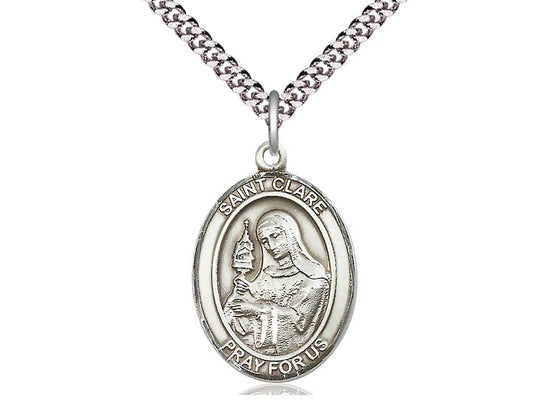 St Clare of Assisi Sterling Silver Pendant on a 24 inch Light Rhodium Heavy Curb Chain.