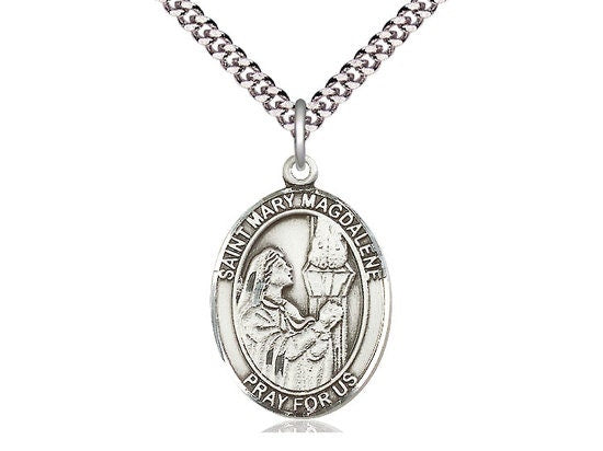 St Mary Magdalene Sterling Silver Pendant on a 24 inch Light Rhodium Heavy Curb Chain.