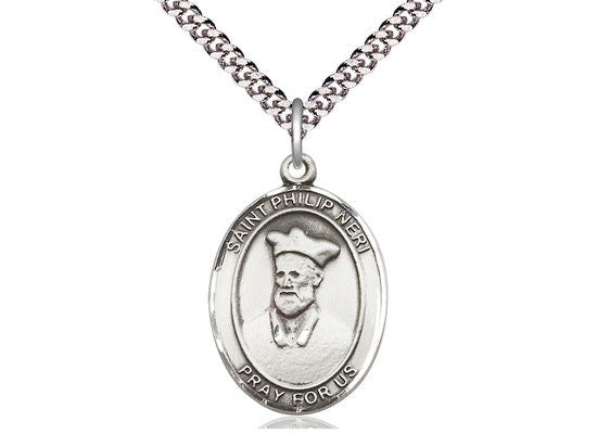 St Philip Neri Sterling Silver Pendant on a 24 inch Light Rhodium Heavy Curb Chain.