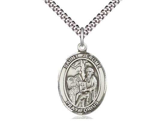 St Jerome Sterling Silver Pendant on a 24 inch Light Rhodium Heavy Curb Chain.