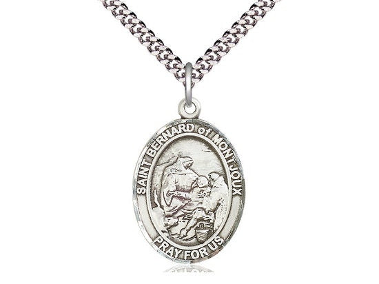 St Bernard of Montjoux Sterling Silver Pendant on a 24 inch Light Rhodium Heavy Curb Chain.