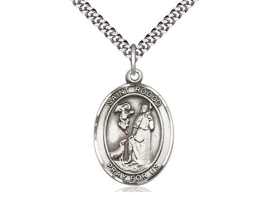 St Rocco Sterling Silver Pendant on a 24 inch Light Rhodium Heavy Curb Chain.