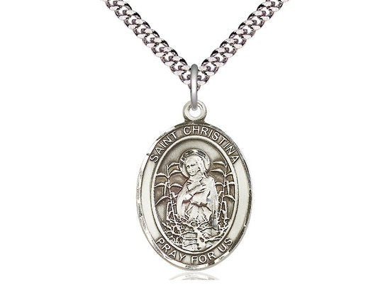 St Christina the Astonishing Sterling Silver Pendant on a 24 inch Light Rhodium Heavy Curb Chain.