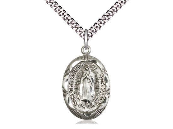 Our Lady of Guadalupe  Sterling Silver Pendant  on a 24 inch Light Rhodium Heavy Curb Chain.