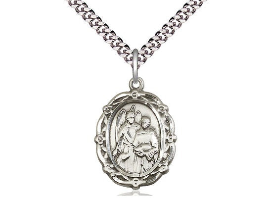 St Raphael the Archangel Sterling Silver Pendant on a 24 inch Light Rhodium Heavy Curb Chain.