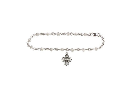 6 1/4 Silver Plate First Communion Bracelet with 4mm Crystal Swarovski Beads and Silver Plate 5-Way Charm.
