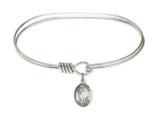 Saint Amelia Sterling Silver Charm on a 7 inch Oval Eye Hook Rhodium Bangle Bracelet