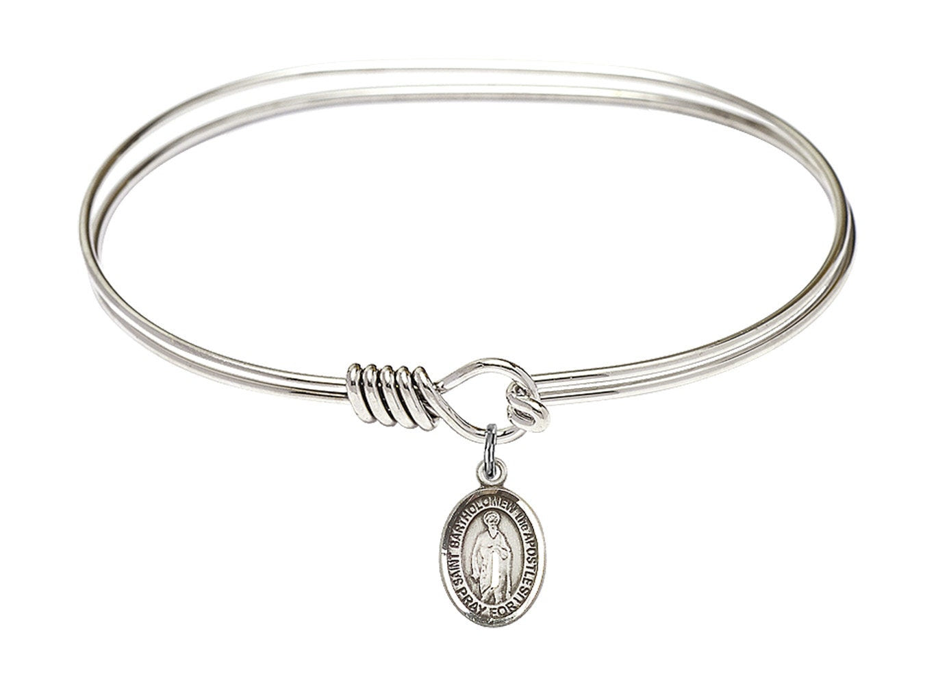 Saint Bartholomew the Apostle Sterling Silver Charm on a 7 inch Oval Eye Hook Rhodium Bangle Bracelet