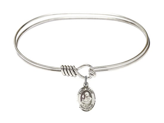 Saint Clare of Assisi Sterling Silver Charm on a 7 inch Oval Eye Hook Rhodium Bangle Bracelet