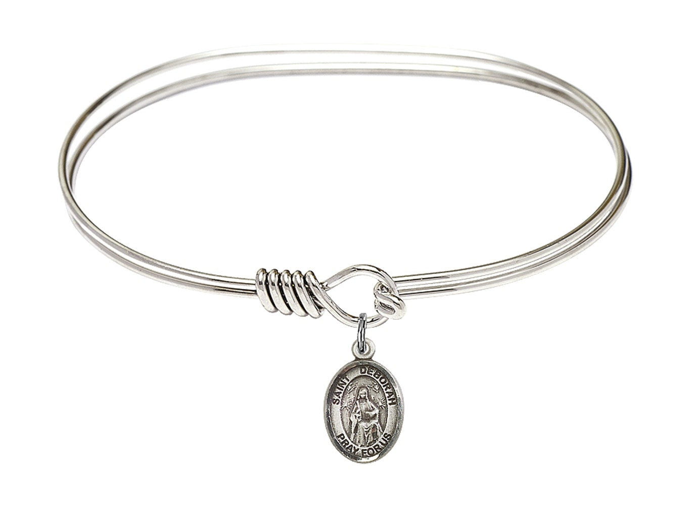 Saint Deborah Sterling Silver Charm on a 7 inch Oval Eye Hook Rhodium Bangle Bracelet