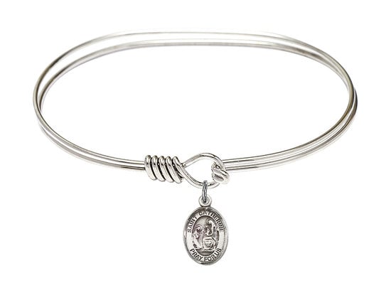 Saint Catherine of Siena Sterling Silver Charm on a 7 inch Oval Eye Hook Rhodium Bangle Bracelet
