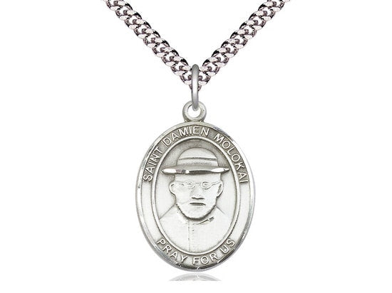 St Damien of Molokai Sterling Silver Pendant on a 24 inch Light Rhodium Heavy Curb Chain.