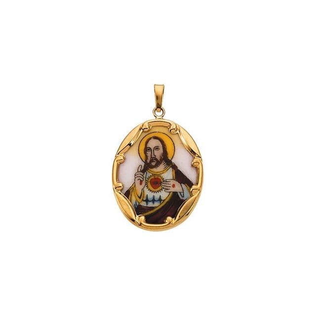14K Yellow 17x13.5  mm Sacred Heart of Jesus Hand-Painted Porcelain Pendant