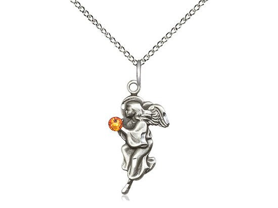 Sterling Silver Guardian Angel Pendant with a 3mm Topaz Swarovski stone on a 18 inch Sterling Silver Light Curb Chain.