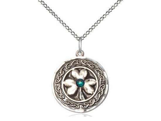 Sterling Silver Shamrock w/Celtic Border Pendant with a 3mm Emerald Swarovski stone on a 18 inch Sterling Silver Light Curb Chain.