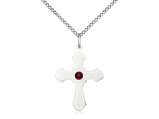 Sterling Silver Cross Pendant with a 3mm Garnet Swarovski stone on a 18 inch Sterling Silver Light Curb Chain.