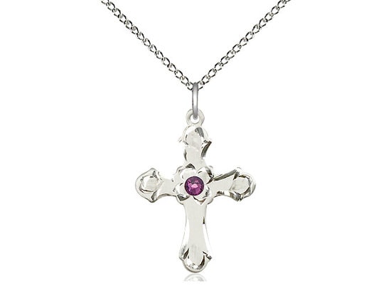 Sterling Silver Cross Pendant with a 3mm Amethyst Swarovski stone on a 18 inch Sterling Silver Light Curb Chain.