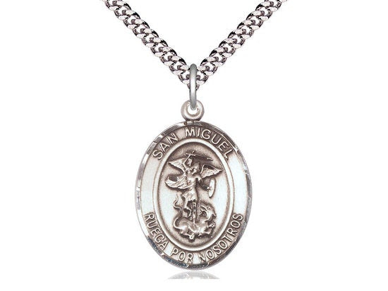 San Miguel Arcangel Sterling Silver Pendant on a 24 inch Light Rhodium Heavy Curb Chain.