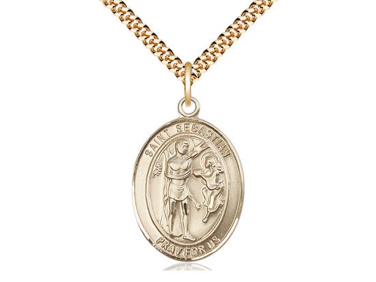 St Sebastian 14kt Gold Filled Pendant on a 24 inch Gold Plate Heavy Curb Chain.