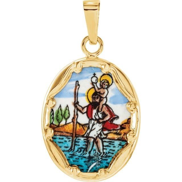 14K Yellow 25x19.5 mm St. Christopher Hand-Painted Porcelain Medal
