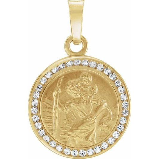 14K Yellow Created White Sapphire St. Christopher Medal.  1/2" In Diameter