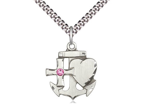Sterling Silver Faith, Hope & Charity Pendant with a 3mm Pink Swarovski stone on a 24 inch Light Rhodium Heavy Curb Chain.