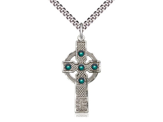 Sterling Silver Kilklispeen Cross Pendant with a 3mm Emerald Swarovski stone on a 24 inch Light Rhodium Heavy Curb Chain.