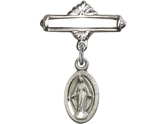 Sterling Silver Baby Badge with Religious  Charm and Polished Badge Pin