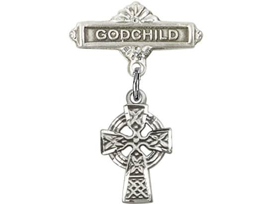 Sterling Silver Baby Badge with Celtic Cross Charm and Godchild Badge Pin
