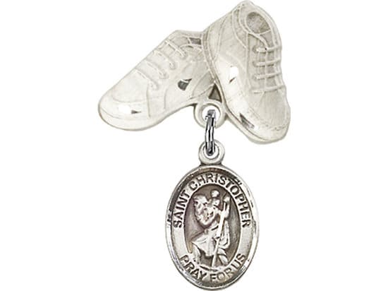 Sterling Silver Baby Badge with St. Christopher Charm and Baby Boots Pin