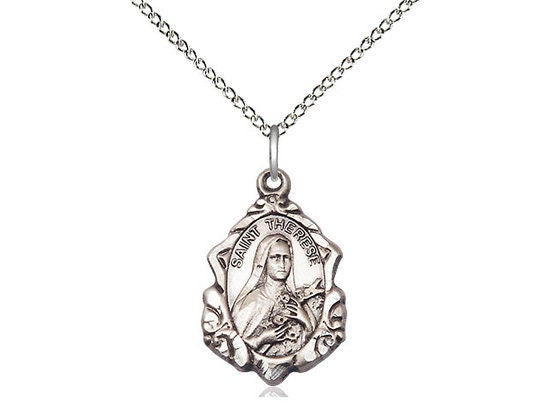 St Therese of Lisieux Sterling Silver Pendant on a 18 inch Sterling Silver Light Curb Chain.