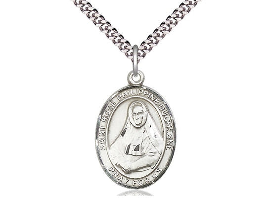 St Rose Philippine Sterling Silver Pendant on a 24 inch Light Rhodium Heavy Curb Chain.