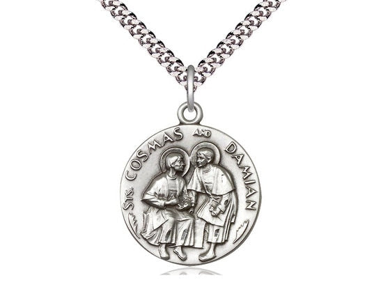 Sts Cosmas & Damian Sterling Silver Pendant  on a 24 inch Light Rhodium Heavy Curb Chain.