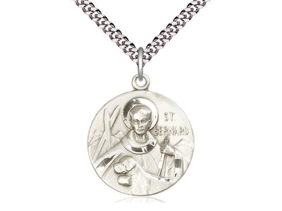 St Bernard of Monjoux Sterling Silver Pendant  on a 24 inch Light Rhodium Heavy Curb Chain.